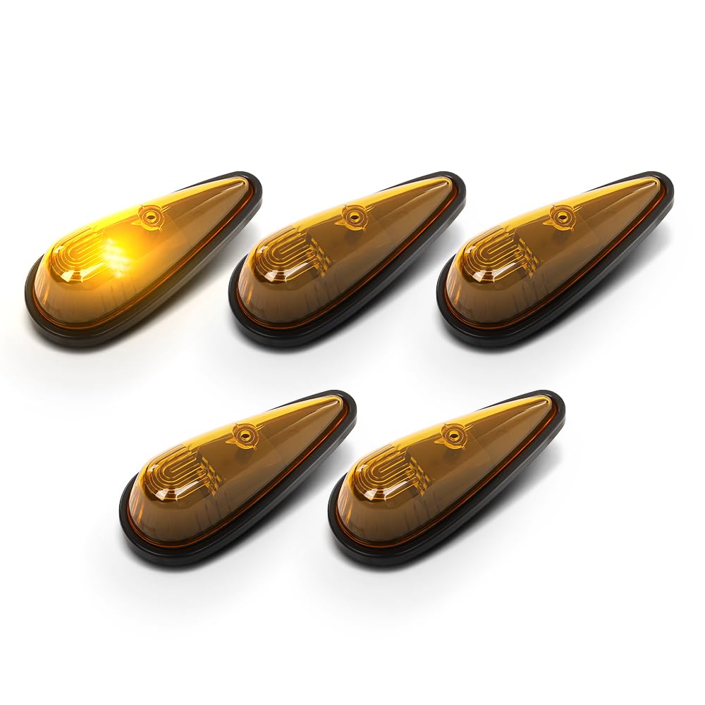 G-PLUS 5Pcs Amber Teardrop Cab Marker Lights 9 LED Cab Marker Light Top Clearance Roof Running Light Assembly with Wiring Pack Fit for Trucks Trailer Vans Pickups RV Tractor Yellow