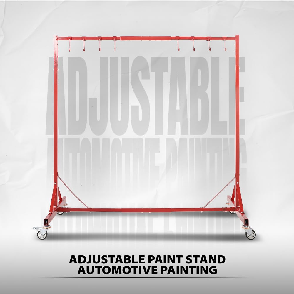 G-PLUS 5ft-7ft Adjustable Paint Stand Automotive Painting Rack 8 Hooks w/ 4 Swiveling Wheels Auto Body Stand for Painting Drying Rack Red