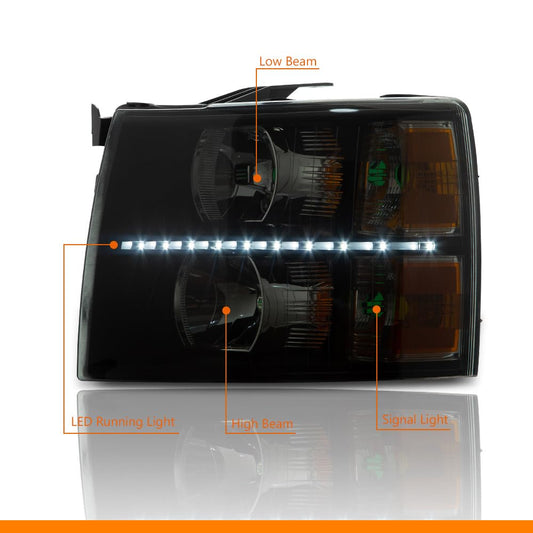 G-PLUS LED DRL Headlights Compatible with Chevy Silverado 1500 2007-2013/HEADLIGHTS | Fit Chevy Silverado 2500 HD 3500 HD 2007-2014 Bumper Headlamps,Smoky Lens Black Housing Amber Reflector,faros delanteros