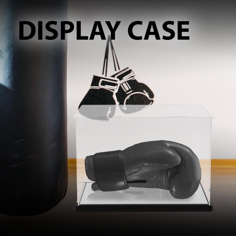 G-PLUS Clear Boxing Glove Display Case Acrylic Display case Fit for Full Size Boxing Glove Storage Box Dustproof UV Protection Cabinet with Carbon Fiber Skin Base and Removable Mirror Base