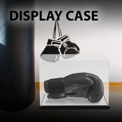 G-PLUS Clear Boxing Glove Display Case Acrylic Display case Fit for Full Size Boxing Glove Storage Box Dustproof UV Protection Cabinet with Carbon Fiber Skin Base and Removable Mirror Base