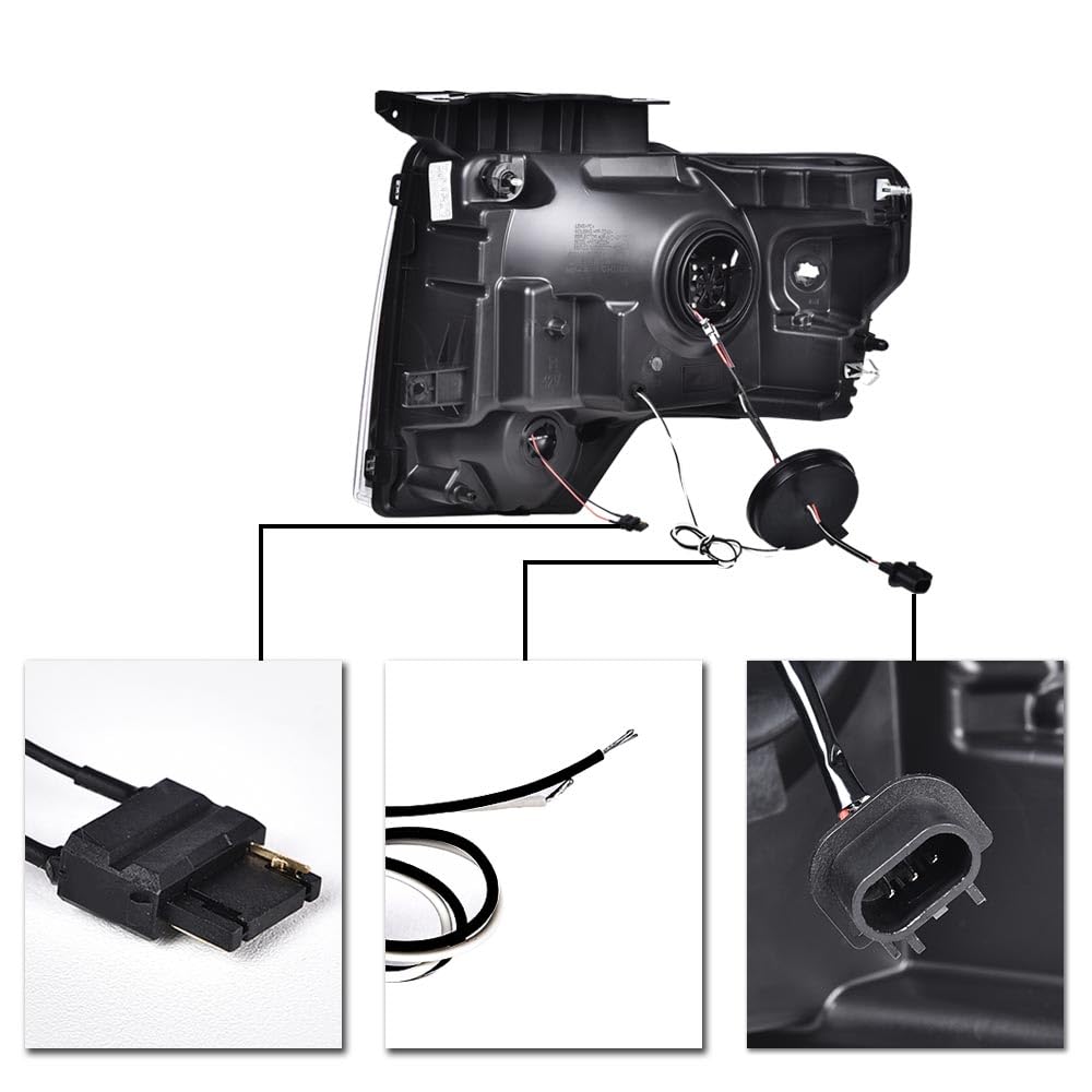 G-PLUS LED DRL Headlights & Tail Lights Compatible with 2009-2014 Ford F150 Tube Dual Projector Headlamps Assembly (Clear Lens Black Housing Amber Reflector Headlamps + Tail Lights)