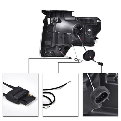 G-PLUS LED DRL Headlights & Tail Lights Compatible with 2009-2014 Ford F150 Tube Dual Projector Headlamps Assembly (Clear Lens Black Housing Amber Reflector Headlamps + Tail Lights)