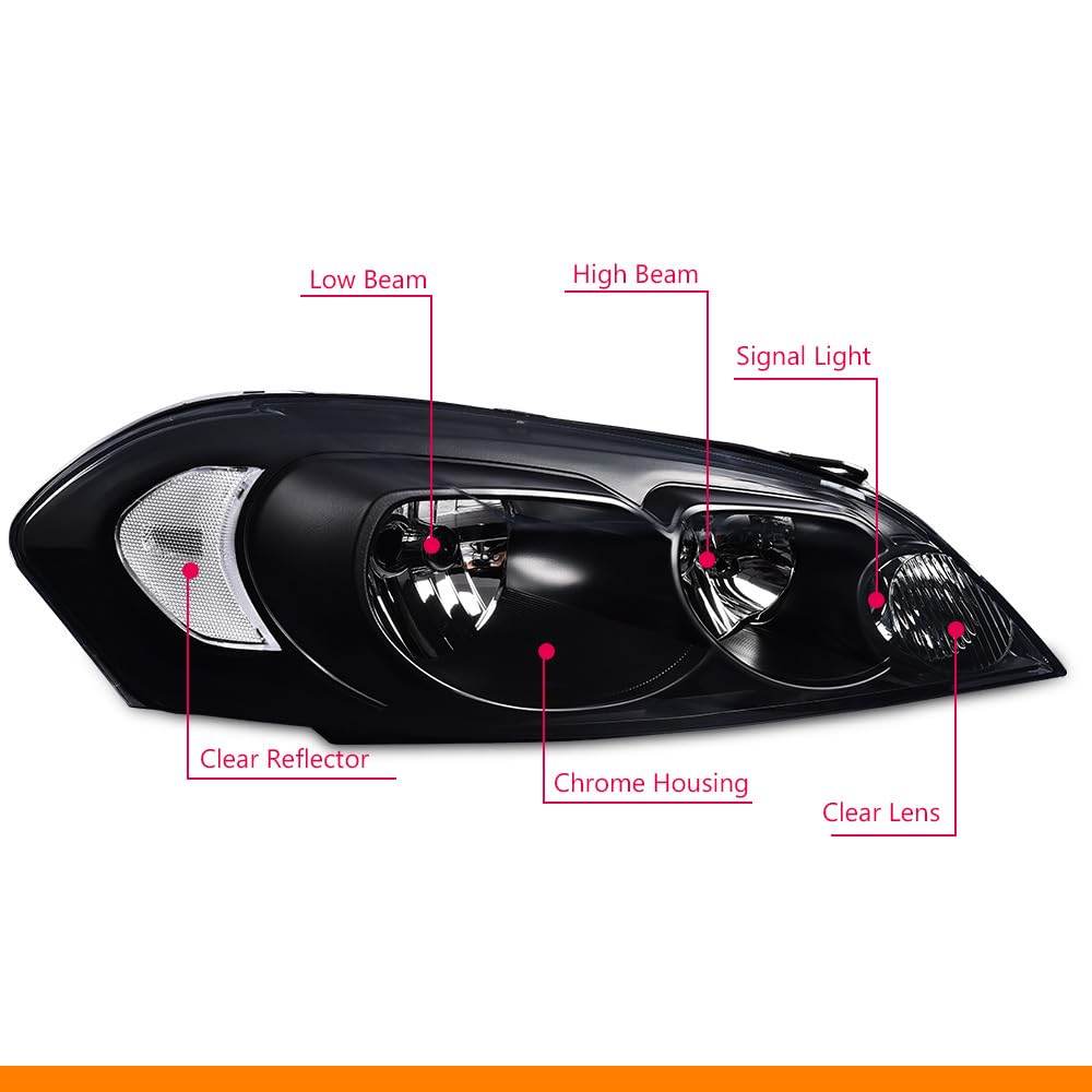 G-PLUS Headlights Assembly, Fit 2006-2007 Chevy Monte Carlo/2006-2013 Chevy Impala/2014-2016 Chevy Impala Limited Bumper Headlamps, Smoky Lens Black Housing Clear Reflector,faros delanteros