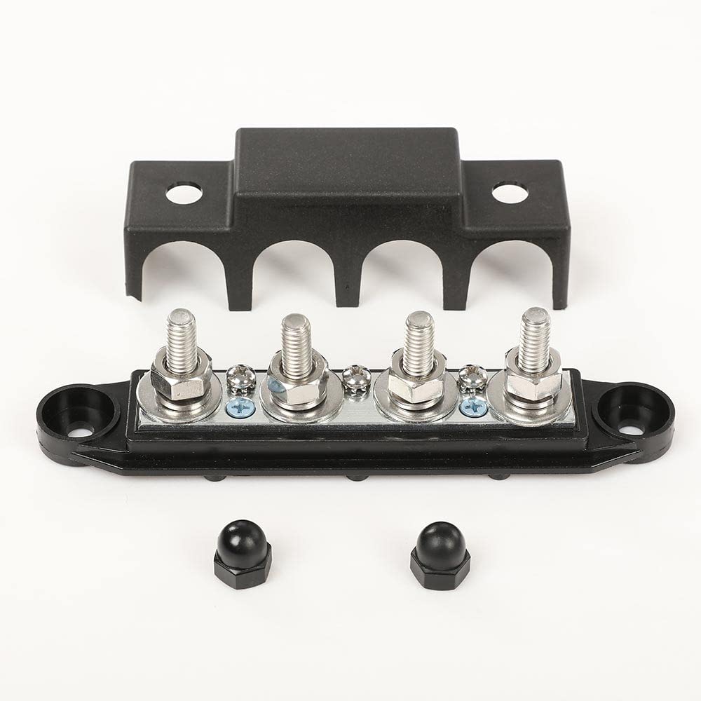 G-PLUS 4 Post Power Distribution Block Bus Bar with Cover, Busbar Power Battery Terminal Distribution Block 5/16" Posts 12V 250A, 4 Post Busbar Power Distribution Block Black