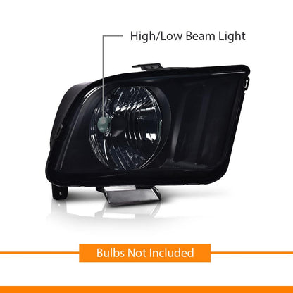 G-PLUS Headlights Assembly, Compatible with Ford Mustang 2005 2006 2007 2008 2009 Bumper Headlamps, Left & Right Smoky Lens Black Housing Amber Reflector
