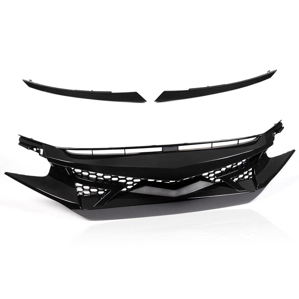 G-PLUS Front Upper Bumper Mesh Grille Compatible with Honda Civic 10th GEN 2016 2017 2018 Honeycomb Style ABS Plastic Hood Grill + Eye Lid Replacement Glossy Black