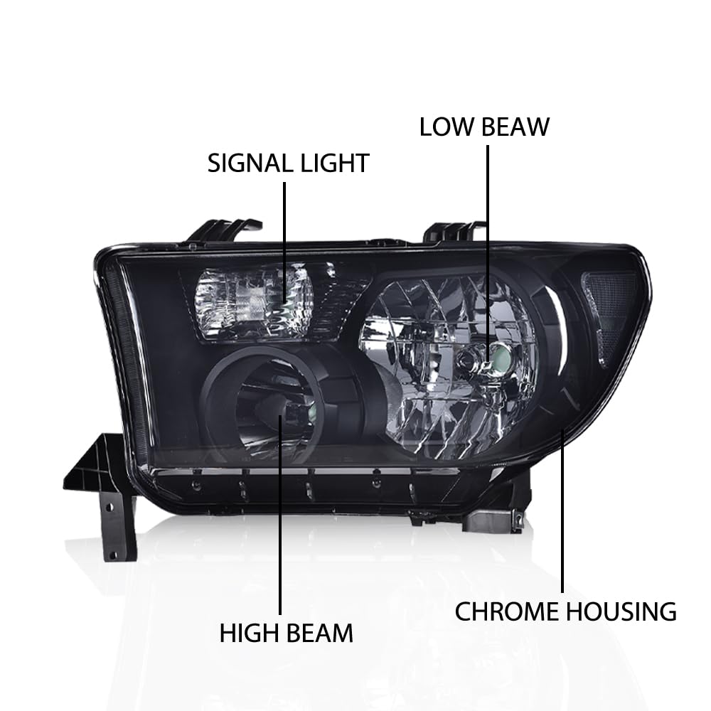 G-PLUS Headlights Assembly, Compatible with Toyota Tundra 2007-2013/Fit Toyota Sequoia 2008-2017 Bumper Headlamps, Smoky Lens Black Housing Clear Reflector,faros delanteros