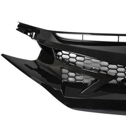 G-PLUS Front Upper Bumper Mesh Grille Compatible with Honda Civic 10th GEN 2016 2017 2018 Honeycomb Style ABS Plastic Hood Grill + Eye Lid Replacement Glossy Black
