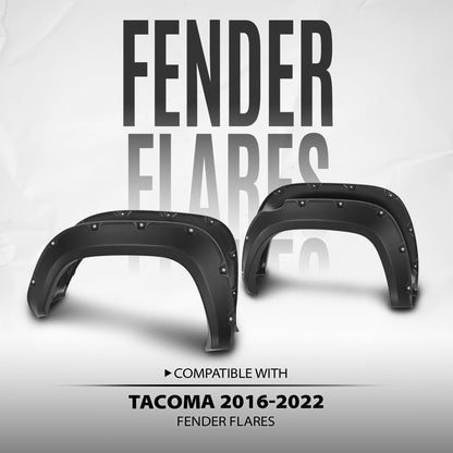 G-PLUS Pocket-Riveted Fender Flares, Compatible with Toyota Tacoma 2016-2022, Smooth 4pcs Wheel Arch Cover Trim(Not have gas door cut out for a standard bed on a 2016, Not fit Double Cab Trims)