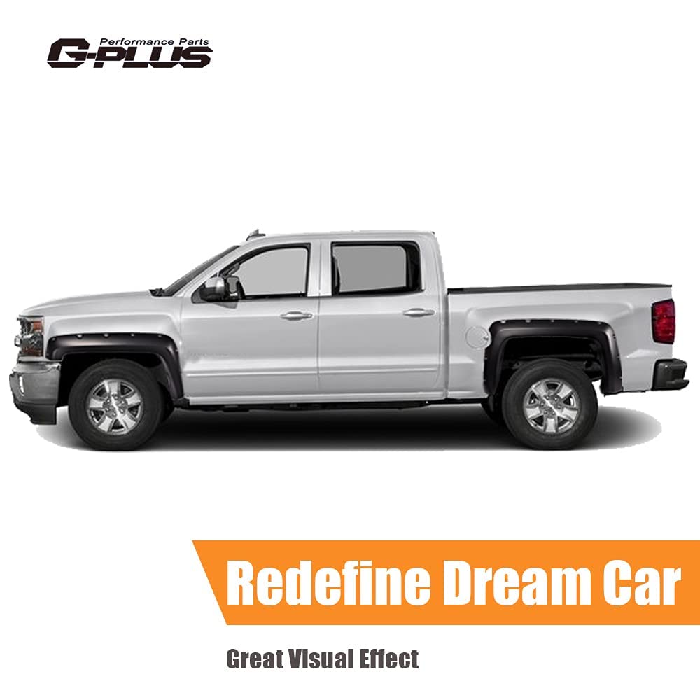 G-PLUS Pocket Rivet Upgrade Fender Flares, Compatible with 2014-2018 Chevy Silverado 2500HD/3500HD, 5.8 ft (69.3") Short Bed Crew Cab Models, Smooth Bolt-Riveted Style Paintable Black Pocket 4pcs