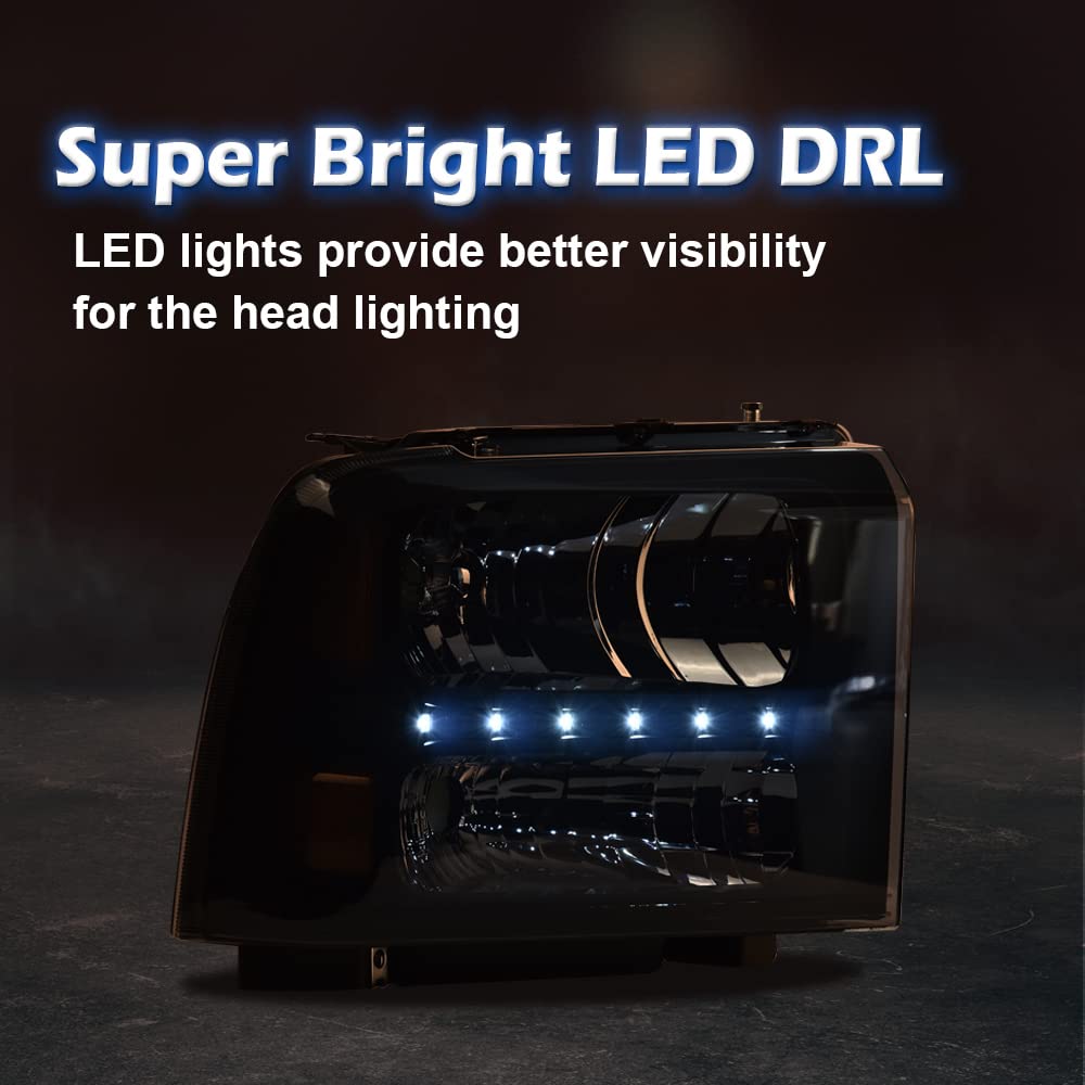 G-PLUS LED Smoked LED DRL headlights, Compatible with 2005 2006 2007 Ford F250 F350 F450 F550 Super Duty Bumper Headlamps, Smoky Lens Black Housing Amber Reflector,faros delanteros