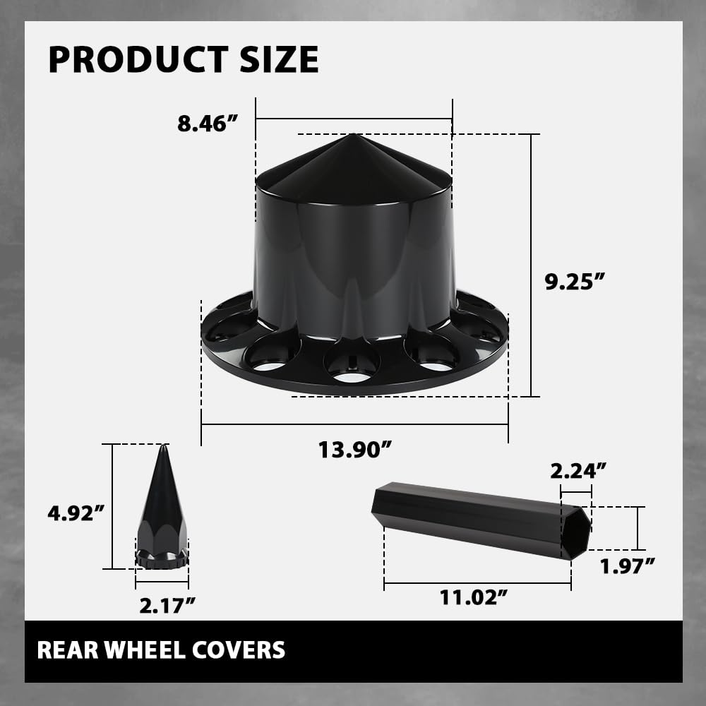 G-PLUS Rear Wheel Cover Axle 33mm Spiked Hub Cover Kit Compatible with Semi-Trucks 22.5" and 24.5" Wheels ABS Plastic Black