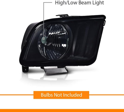 G-PLUS Headlights Assembly Compatible with Ford Mustang 2005-2009 4R3Z13008AA,4R3Z13008AB Bumper Headlamps Left & Right Smoky Lens Black Housing Amber Reflector faros delanteros