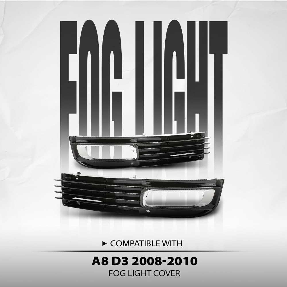 G-PLUS Front Bumper Fog Light Cover Grille Left & Right Compatible with Audi A8 D3 2008 2009 2010, Fit Audi A8 Quattro D3 2008-2010 4E0807680B, 4E0807679B Glossy Black