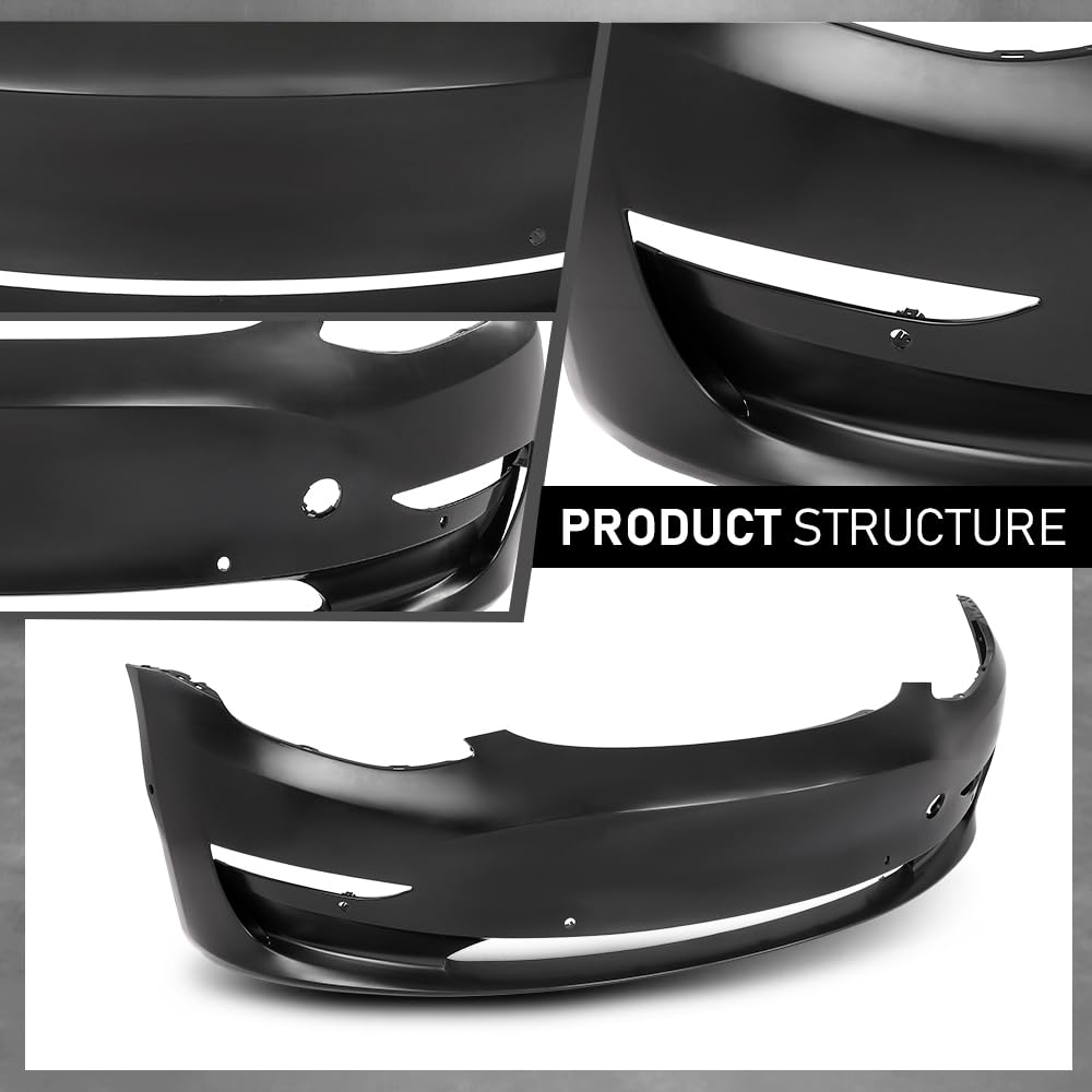 G-PLUS Front Bumper Cover Compatible with Tesla Model 3 Base 2017 2018 2019 2022 2023 w/Tow Hook Hole 1084168S0E, TA1000101, Primed Black