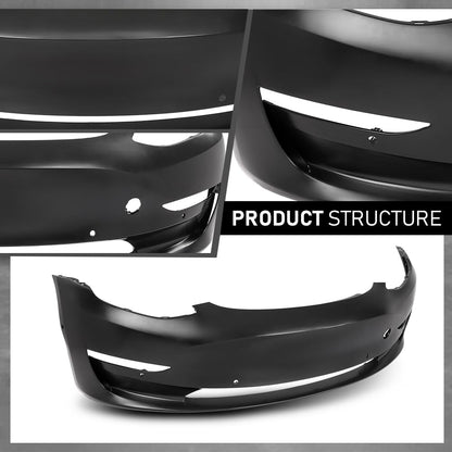 G-PLUS Front Bumper Cover Compatible with Tesla Model 3 Base 2017 2018 2019 2022 2023 w/Tow Hook Hole 1084168S0E, TA1000101, Primed Black