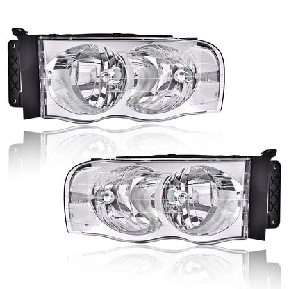 G-PLUS Headlights Assembly, Compatible with Dodge Ram 1500 2500 3500 2002 2003 2004 2005 Bumper Headlamps, Clear lens Chrome Housing Clear Reflector