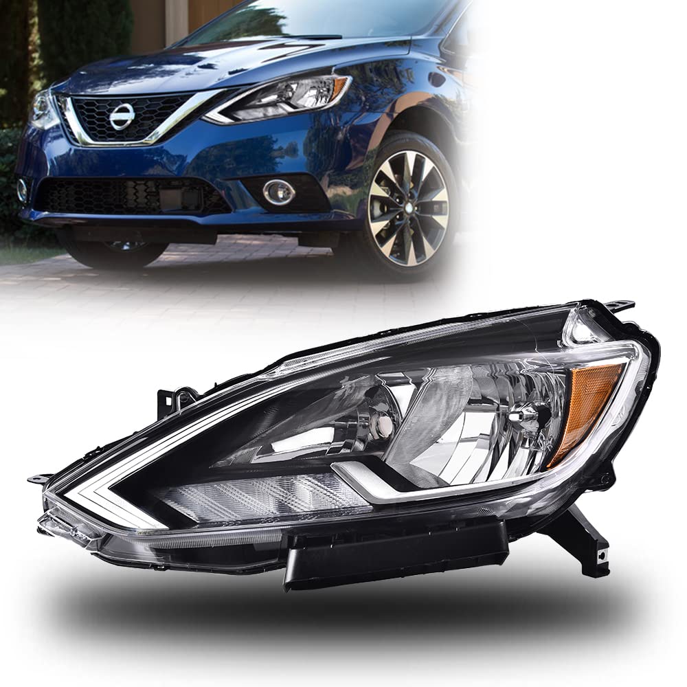 G-PLUS Headlights Assembly Compatible with 2016-2018 Nissan Sentra 4-Door Sedan S SL SR SV, (ONLY For Factory Halogen Models Headlights),Headlamps Black Housing,Driver Left,faros delanteros