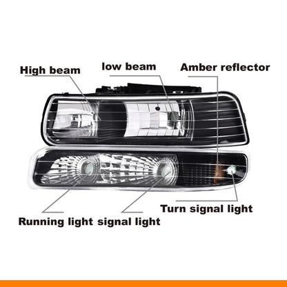 G-PLUS Headlights Assembly, Compatible with Chevy Silverado 1999 2000 2001 2002/Fit Suburban Tahoe 2000-2006 Bumper Headlamps, Clear Lens Black Housing Amber Reflector Left & Right,faros delanteros
