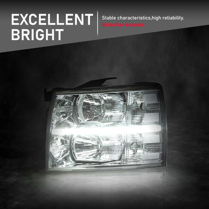 G-PLUS LED DRL Headlights, Fit Chevy Silverado 2500 3500 & HD 2007-2014/Fit Chevy Silverado 1500 2007-2013 Headlamps, Left & Right Clear Lens Chrome Housing Clear Reflector,faros delanteros