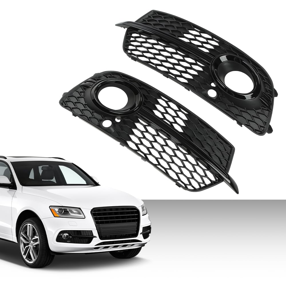 G-PLUS Front Bumper Fog Light Grill Grille Cover Painted with Silver Ring Compatible with Audi SQ5 2013-2017/Fit Audi Q5 S-Line 2013-2017 8R0807681M, 8R0807682J