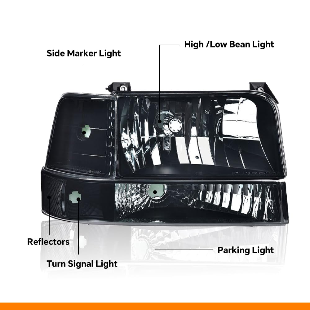 G-PLUS Headlights Fit Ford F150/250/350 Bronco/F-Super Duty 1992-1997 w/Corner Signal Driver Passenger Headlamps Smoky Lens Black Housing Clear Reflector,faros delanteros