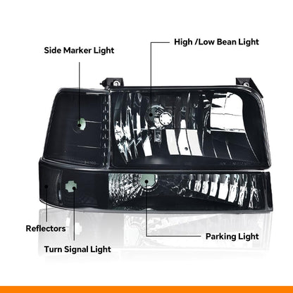 G-PLUS Headlights Fit Ford F150/250/350 Bronco/F-Super Duty 1992-1997 w/Corner Signal Driver Passenger Headlamps Smoky Lens Black Housing Clear Reflector,faros delanteros