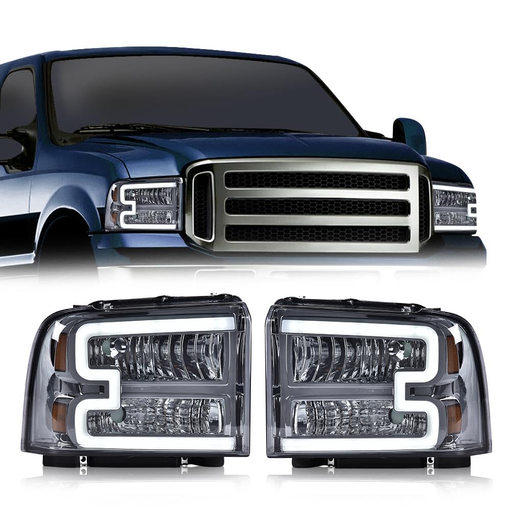 G-PLUS LED Headlights Compatible with Ford F250 F350 F450 F550 Super Duty 2005-2007 DRL BAR Headlamps Smoky Lens Chrome Housing Amber Reflector,faros delanteros