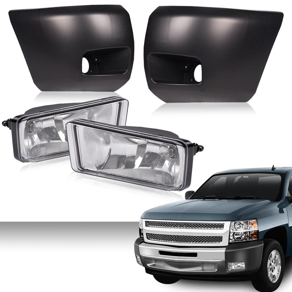 G-PLUS Front Bumper Fog Lights+Front Bumper Raw Black End Cap Compatible with Chevy Silverado 1500 2007-2013