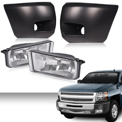 G-PLUS Front Bumper Fog Lights+Front Bumper Raw Black End Cap Compatible with Chevy Silverado 1500 2007-2013