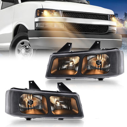 G-PLUS Headlights Assembly w/Bulbs Fit Chevy Express 1500 2500 3500 Van 2003-2019/Fit GMC Savana 1500 2500 3500 Van 2003-2019 Headlamps Clear Lens Black Housing Clear Reflector,faros delanteros