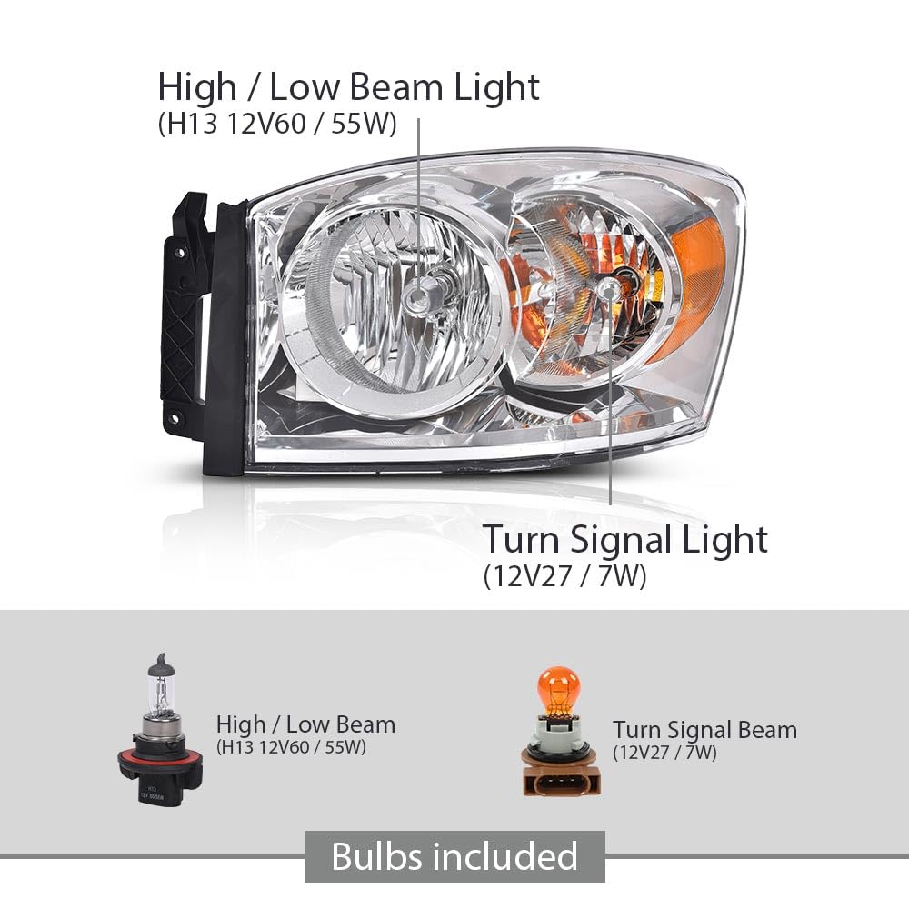 G-PLUS Headlights w/Bulbs Left Driver Side Compatible with Dodge Ram 1500 2006-2008/HEADLIGHTS | Fit Dodge Ram 2500 3500 2006-2009,Clear Lens Chrome Housing Amber Reflector Bumper Headlamps,faros Assembly