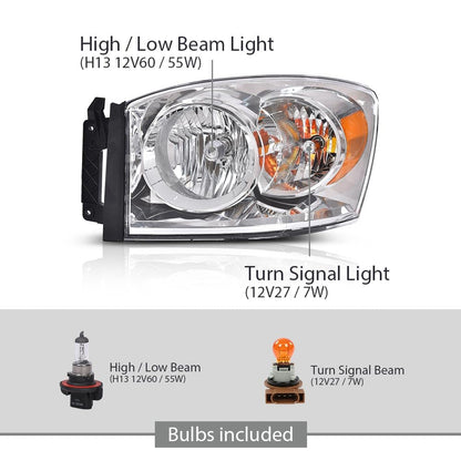 G-PLUS Headlights w/Bulbs Left Driver Side Compatible with Dodge Ram 1500 2006-2008/HEADLIGHTS | Fit Dodge Ram 2500 3500 2006-2009,Clear Lens Chrome Housing Amber Reflector Bumper Headlamps,faros Assembly