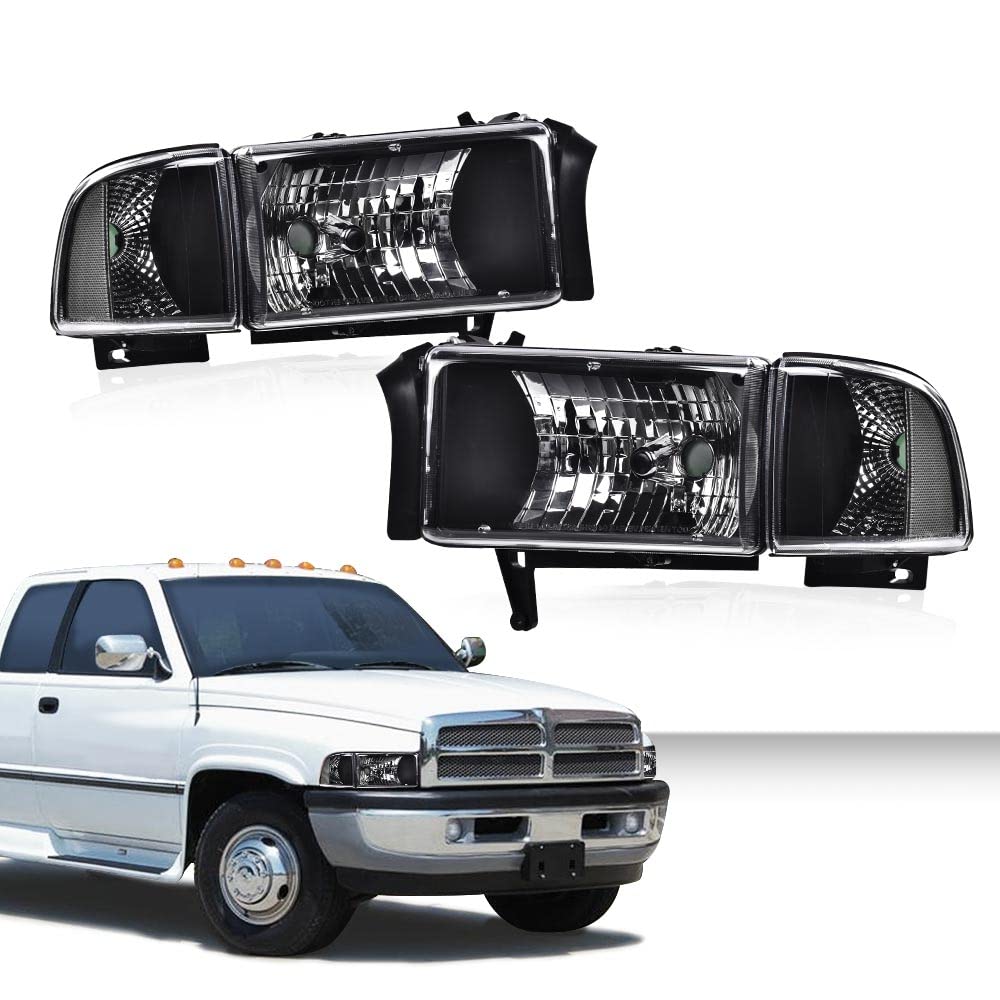 G-PLUS Headlights Lamps Fit 1994-2001 Dodge Ram 1500/1994-2002 Dodge Ram 2500 3500,Not fit Ram Sport,Clear Lens Black Housing Clear Reflector w/o Bulbs Bumper Headlamps,faros delanteros Assembly