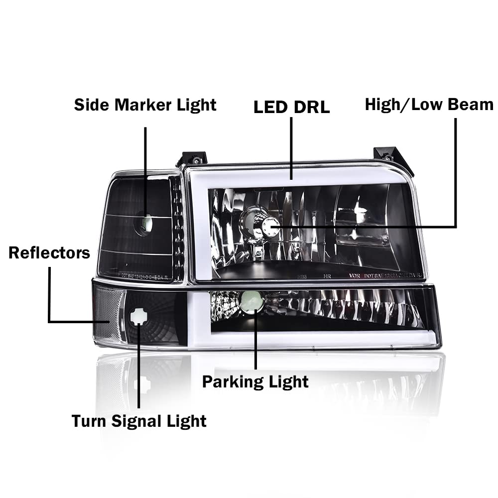 G-PLUS LED DRL Headlights, Compatible with 1992-1996 Ford Bronco F150 F250 F350,Fits Models with Halogen Headlights Only,Bumper Headlamp, Smoky lens Black Housing Amber Reflector