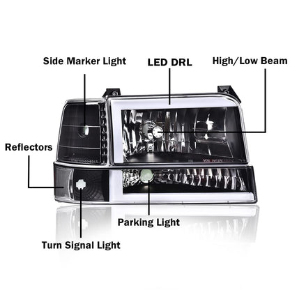 G-PLUS LED DRL Headlights, Compatible with 1992-1996 Ford Bronco F150 F250 F350,Fits Models with Halogen Headlights Only,Bumper Headlamp, Smoky lens Black Housing Amber Reflector