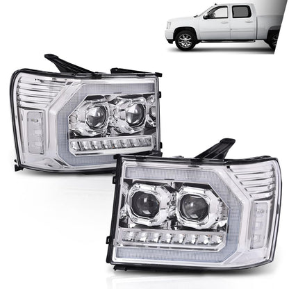 G-PLUS LED Dual convex Projector Headlights,Fit 2007-2013 GMC Sierra 1500/Fit GMC Sierra 2500HD 3500HD 2007-2014 Headlamps Assembly,Left&Right Clear Lens Chrome Housing Clear Reflector