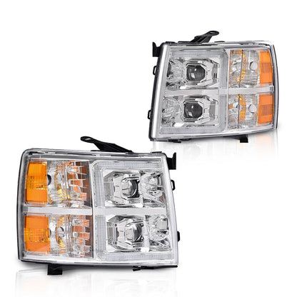 G-PLUS LED Dual Projector Headlights Assembly,Fit Chevy Silverado 1500 2007-2013/Fit 2007-2014 Silverado 2500 3500 & HD, Headlamps w/Bulbs,Clear Lens Chrome Housing Amber Reflector faros delanteros