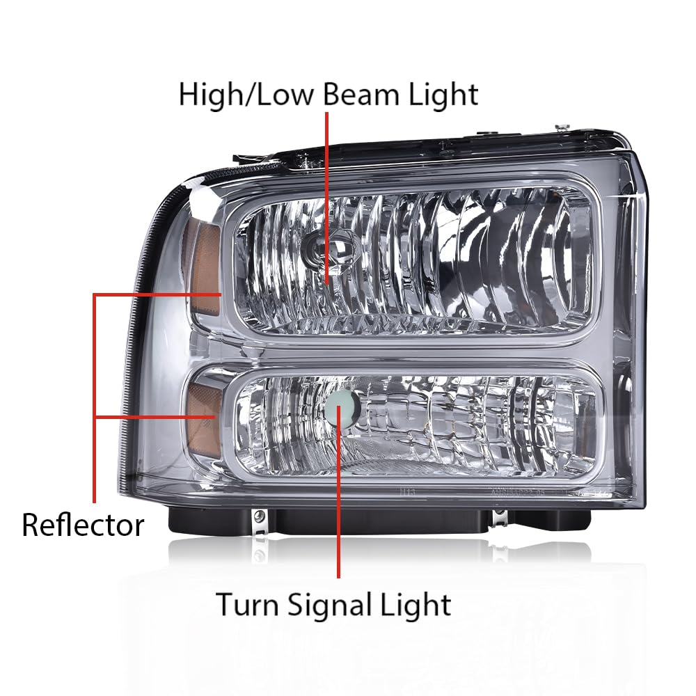 G-PLUS Headlights Assembly, Compatible with 99-04 Ford F250 F350 F450 F550 Super Duty/00-04 Ford Excursion Bumper Headlamps, Smoky Lens Chrome Housing Amber Reflector