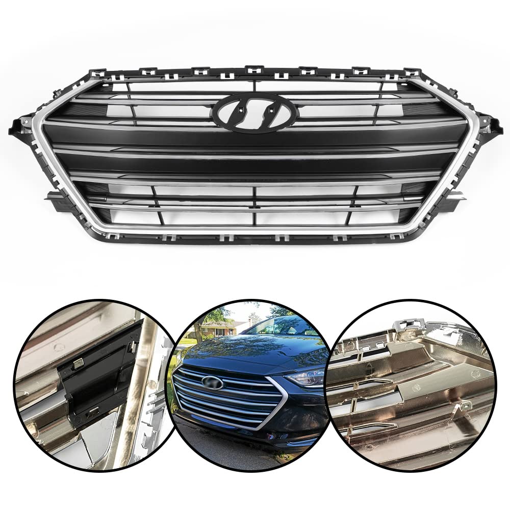 G-PLUS Front Upper Bumper Grille Chrome & Black Grill Trim Compatible With 2017-2018 Hyundai Elantra