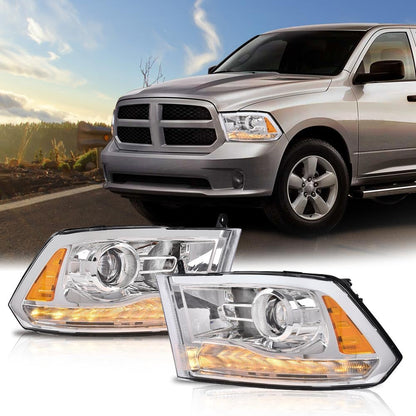 G-PLUS LED Bar Plank Style Headlights Fit for Dodge Ram 1500 2500 3500 2013-2018 Projector Headlamp,Fit Models w/Dual Beam& Quad Beam Models,Clear Lens Chrome Housing Amber Reflector