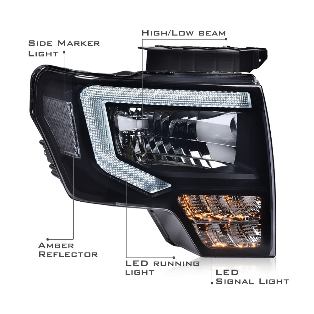 G-PLUS LED Tube Headlights Assembly Compatible with Ford F150 2009-2014 Pair Left & Right Headlamps Assembly, Smoky Lens Black Housing Clear Reflector, faros delanteros, DL3Z13008A DL3Z13008B