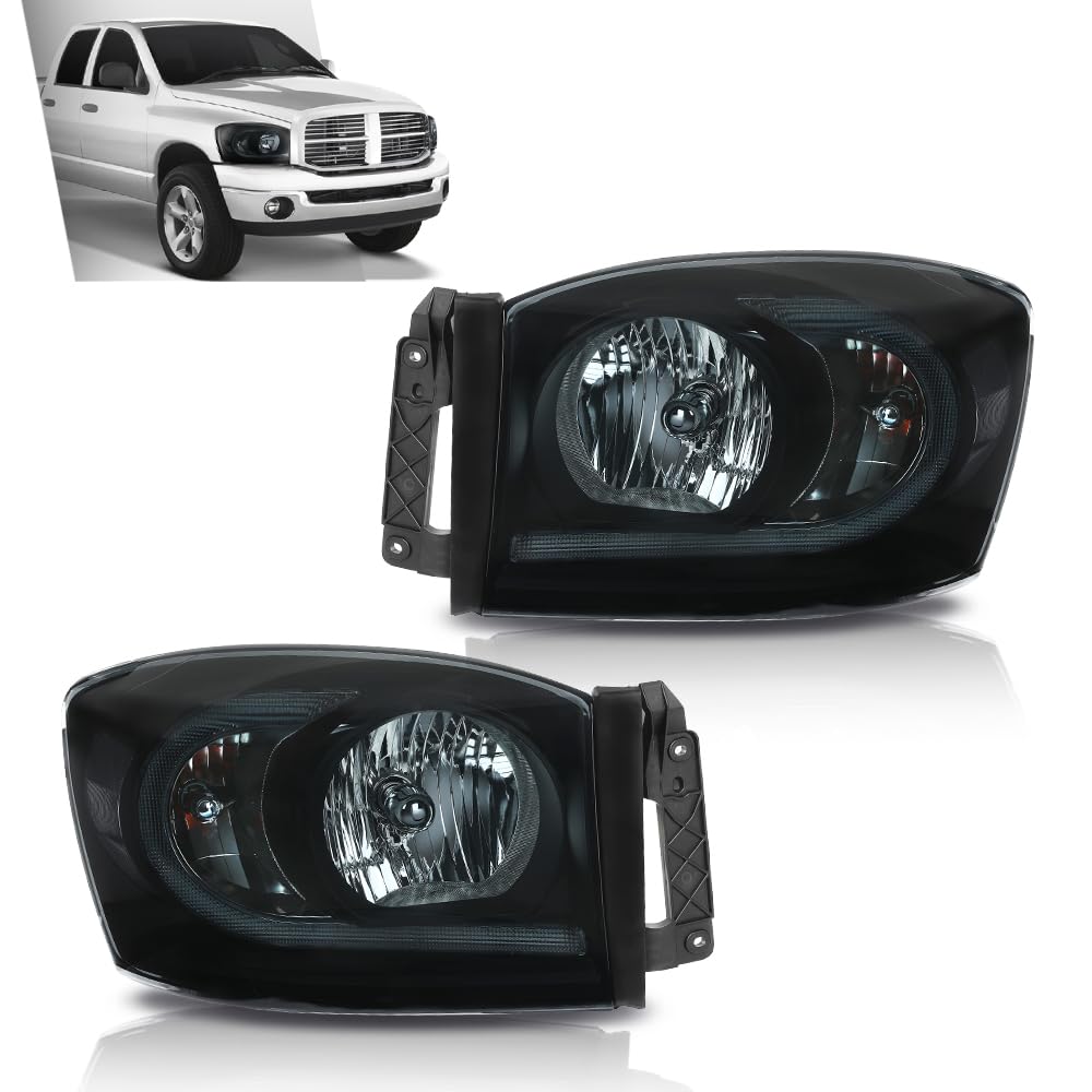 G-PLUS LED Headlights Assembly Headlamps Left Right Compatible with Dodge Ram 1500 2006-2008,Fit Dodge Ram 2500 3500 2006-2009 Smoke Lens Black Housing Clear Reflector,faros delanteros