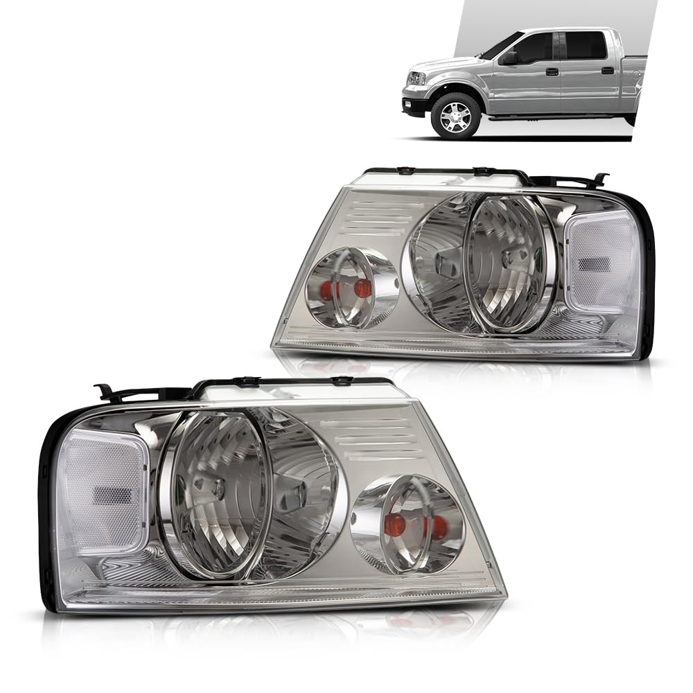 G-PLUS Headlights Assembly, Fit 2004-2008 Ford F150/ 2006-2008 Lincoln Mark Lt(NOT Fit 2004 F150 Heritage/Flareside Beds), Clear Lens Chrome Housing Clear Reflector Bumper Headlamps