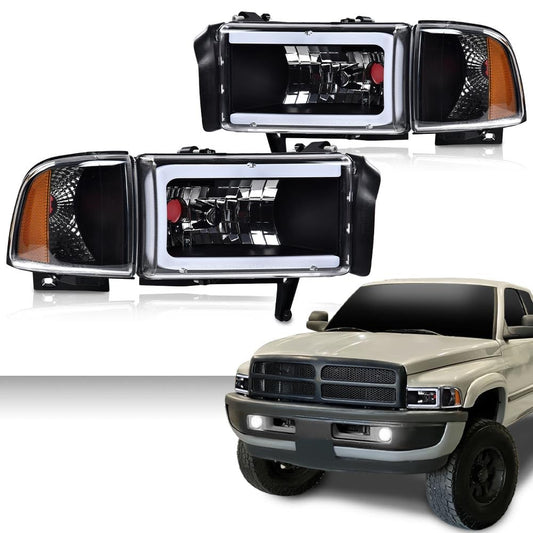 G-PLUS LED Light Strip Headlights w/o Bulbs, Compatible with Dodge Ram 1500 1994-2001/Fit Ram 2500 3500 1994-2002 (Not Fit for Sport Model & Ram Van Models) Clear lens Black Housing Amber Reflector