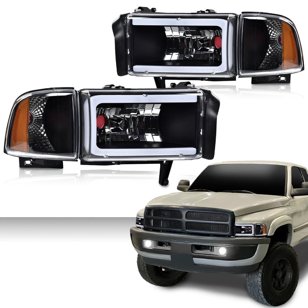 G-PLUS LED Headlights Assembly Fit Dodge Ram 1500 1994-2001,Fit Dodge Ram 2500 3500 1994-2002,Left & Right Headlamps w/o Bulbs,Clear Lens Black Housing Amber Reflector faros delanteros