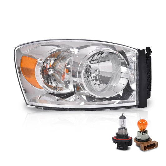 G-PLUS Headlights w/Bulbs Right Passanger Side Compatible with Dodge Ram 1500 2006-2008/Fit Dodge Ram 2500 3500 2006-2009,Clear Lens Chrome Housing Amber Reflector Bumper Headlamps,faros Assembly