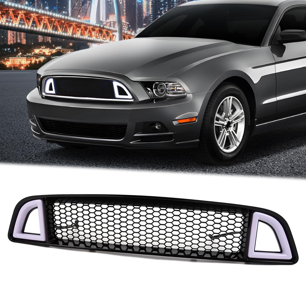 G-PLUS Honeycomb Mesh Front Bumper Upper Grill Compaitble with Ford Mustang 2013-2014 (Except Shelby) Upper Hood Grille With DRL LED Yellow Turn Signal Clear Lens ABS