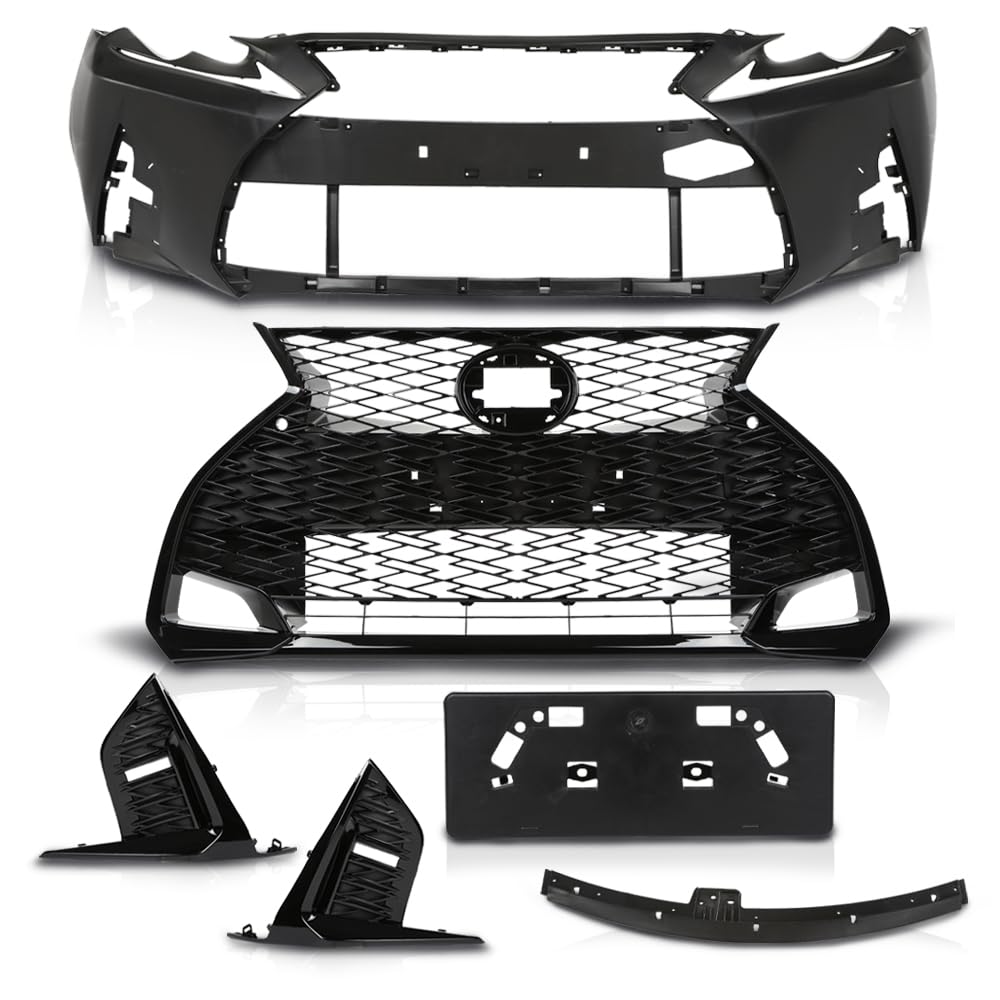 G-PLUS Front Bumper Set (1 × Bumper, 1 × Grille, 2 × Fog Light Bezel, 1× License Plate, 1× Trim Strip) Compatible with 2014-2016 LX IS IS250 IS200t IS350 to 21 F-Sport Style 6 Pcs
